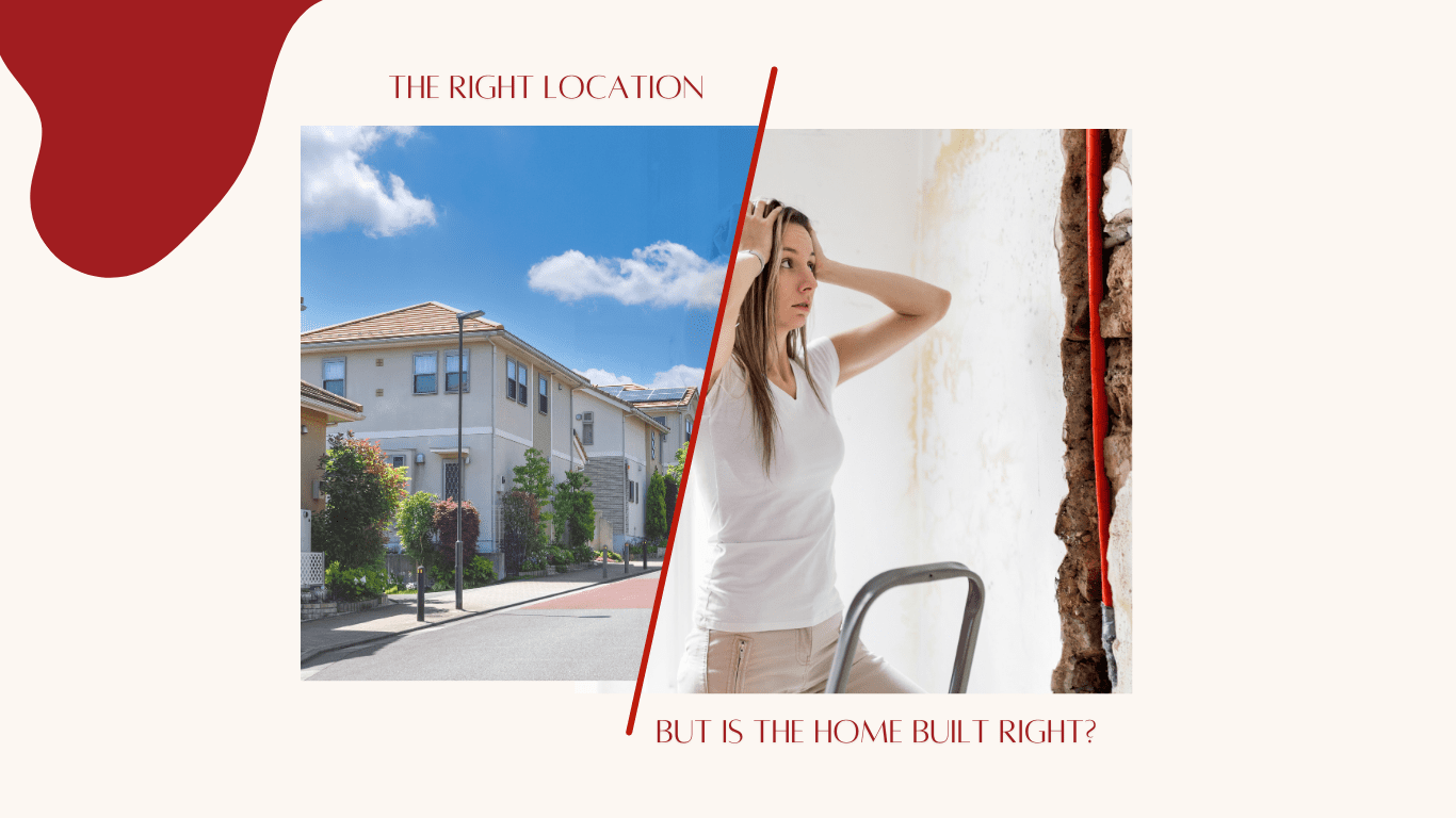 Split image showing a beautiful residential community on the left and a concerned woman inspecting damaged wall plaster on the right, highlighting the difference between location and home quality